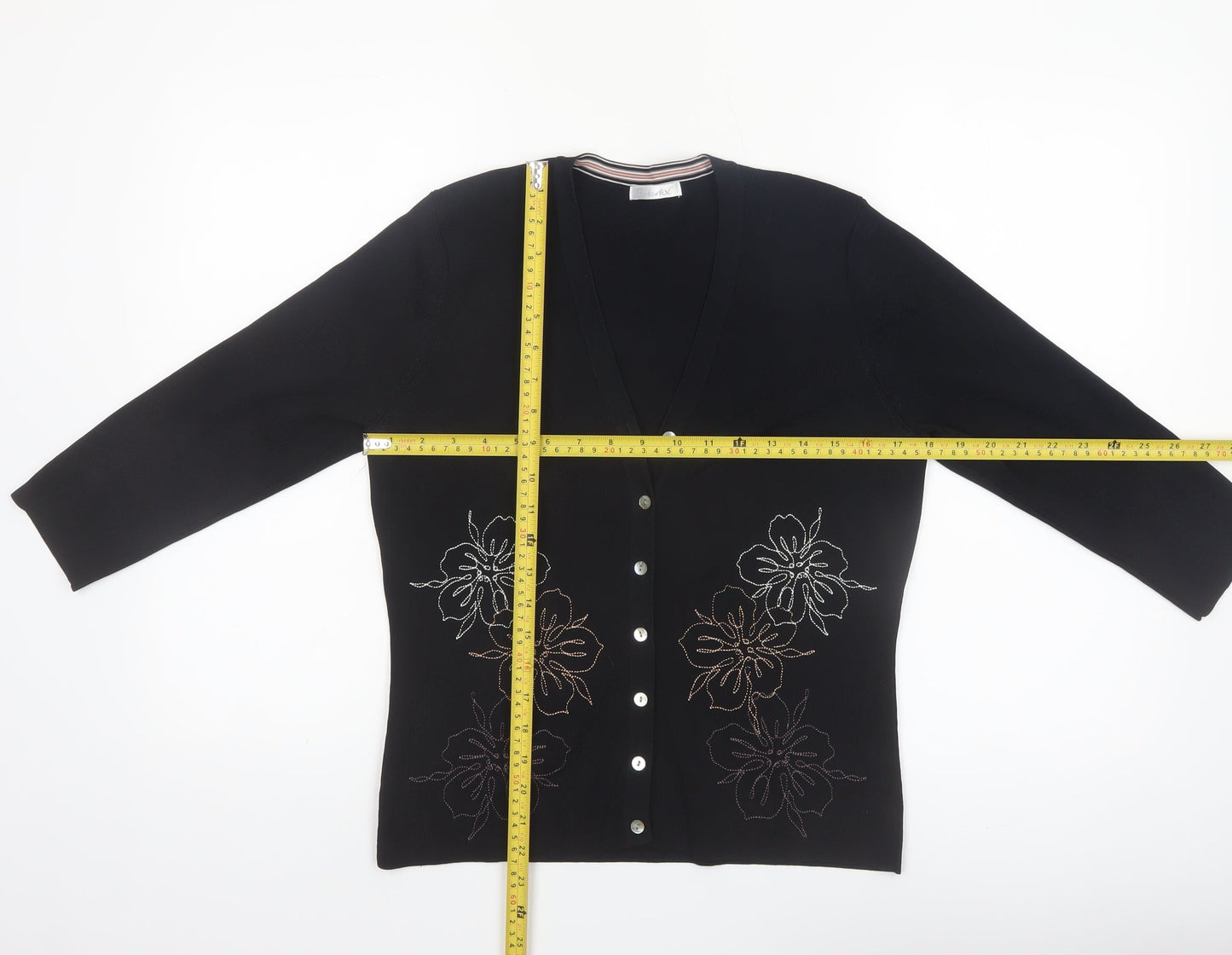 Berkertex Women Black Floral Embroidered Knit Cardigan Size 14