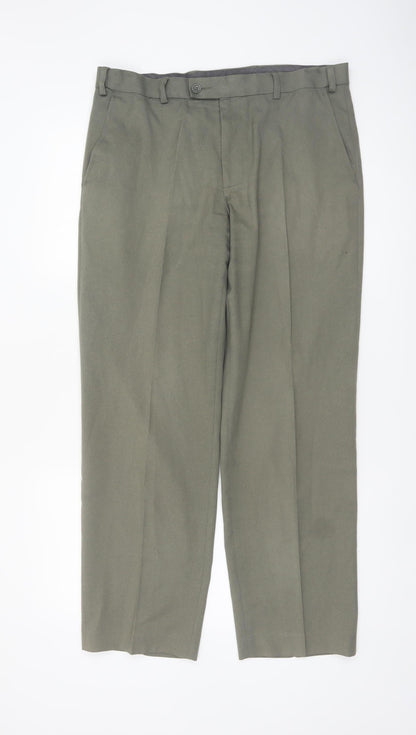 Marks and Spencer Men's Green Regular Fit Pleated Trousers 34W 31L