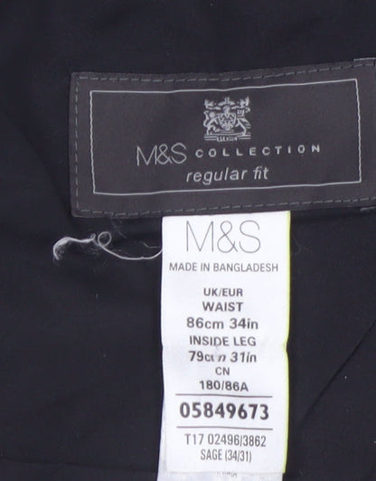Marks and Spencer Men's Green Regular Fit Pleated Trousers 34W 31L