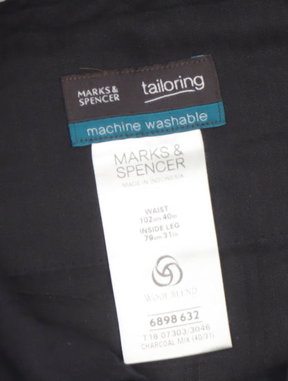 Marks and Spencer Men's Black Wool Blend Pleated Dress Trousers 40W 31L