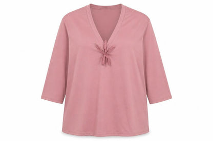 Incerun Women’s Pink 3XL Tunic Top with Tie V-Neck 3/4 Sleeve