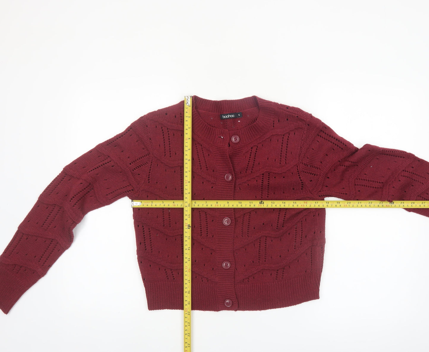 Boohoo Women's Red Open-Knit Long Sleeve Cardigan Size S