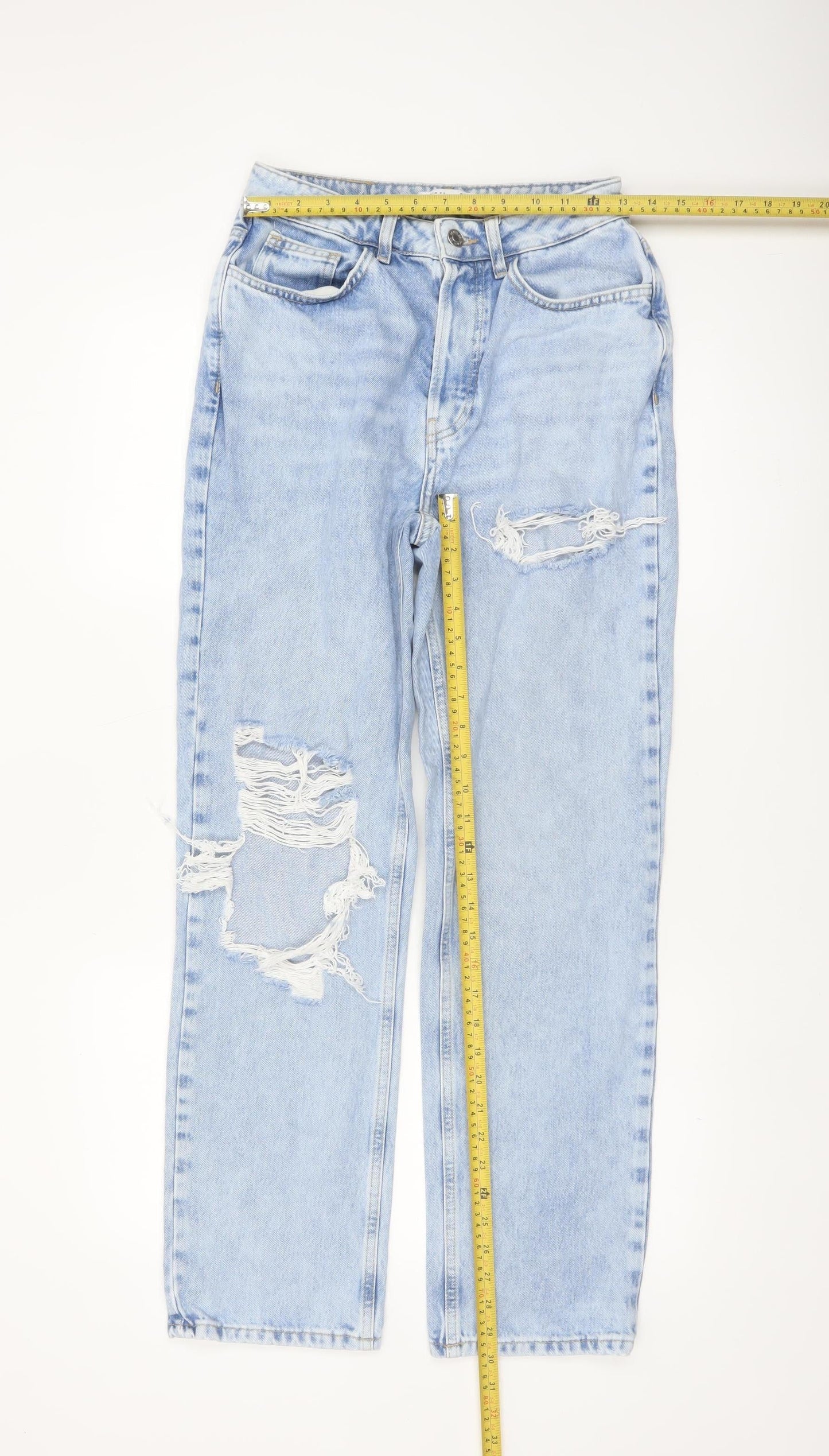 Primark Women Blue Size 8 High Rise Distressed Mom Jeans