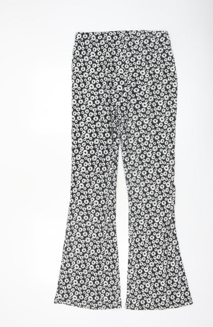New Look Womens Black Floral Flared Jersey Trousers Size 10