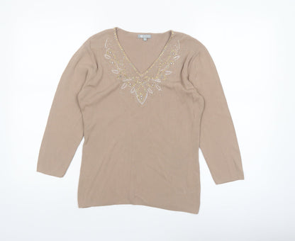 Mia Moda Women's Beige Beaded V-Neck Knit Blouse M