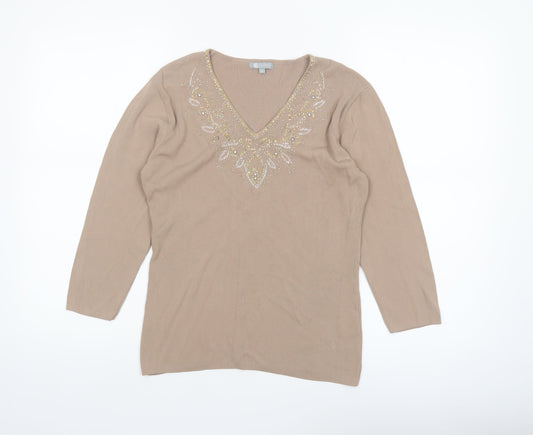 Mia Moda Women's Beige Beaded V-Neck Knit Blouse M