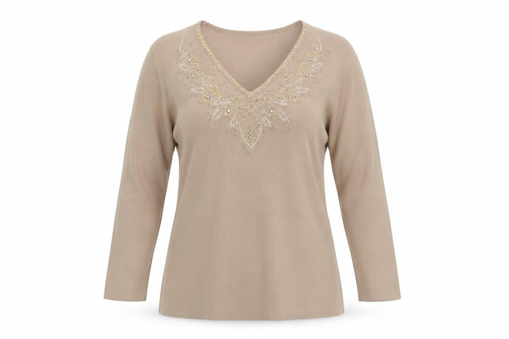 Mia Moda Women's Beige Beaded V-Neck Knit Blouse M