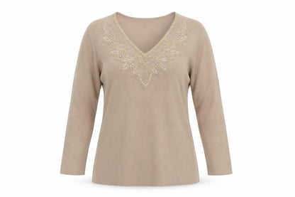 Mia Moda Women's Beige Beaded V-Neck Knit Blouse M
