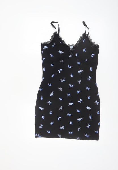 H&M Divided Black Butterfly Slip Dress Women’s Size 12 Lace Trim