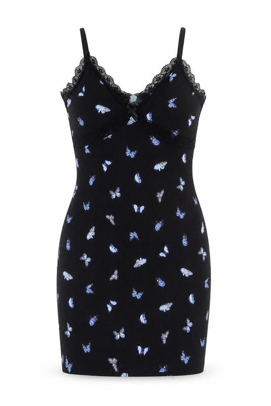 H&M Divided Black Butterfly Slip Dress Women’s Size 12 Lace Trim