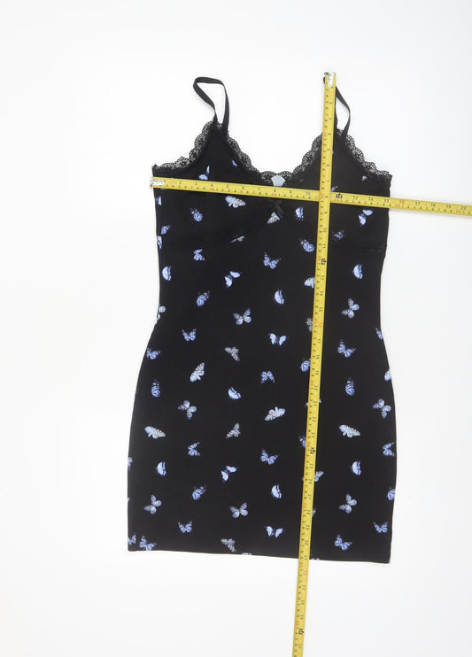 H&M Divided Black Butterfly Slip Dress Women’s Size 12 Lace Trim