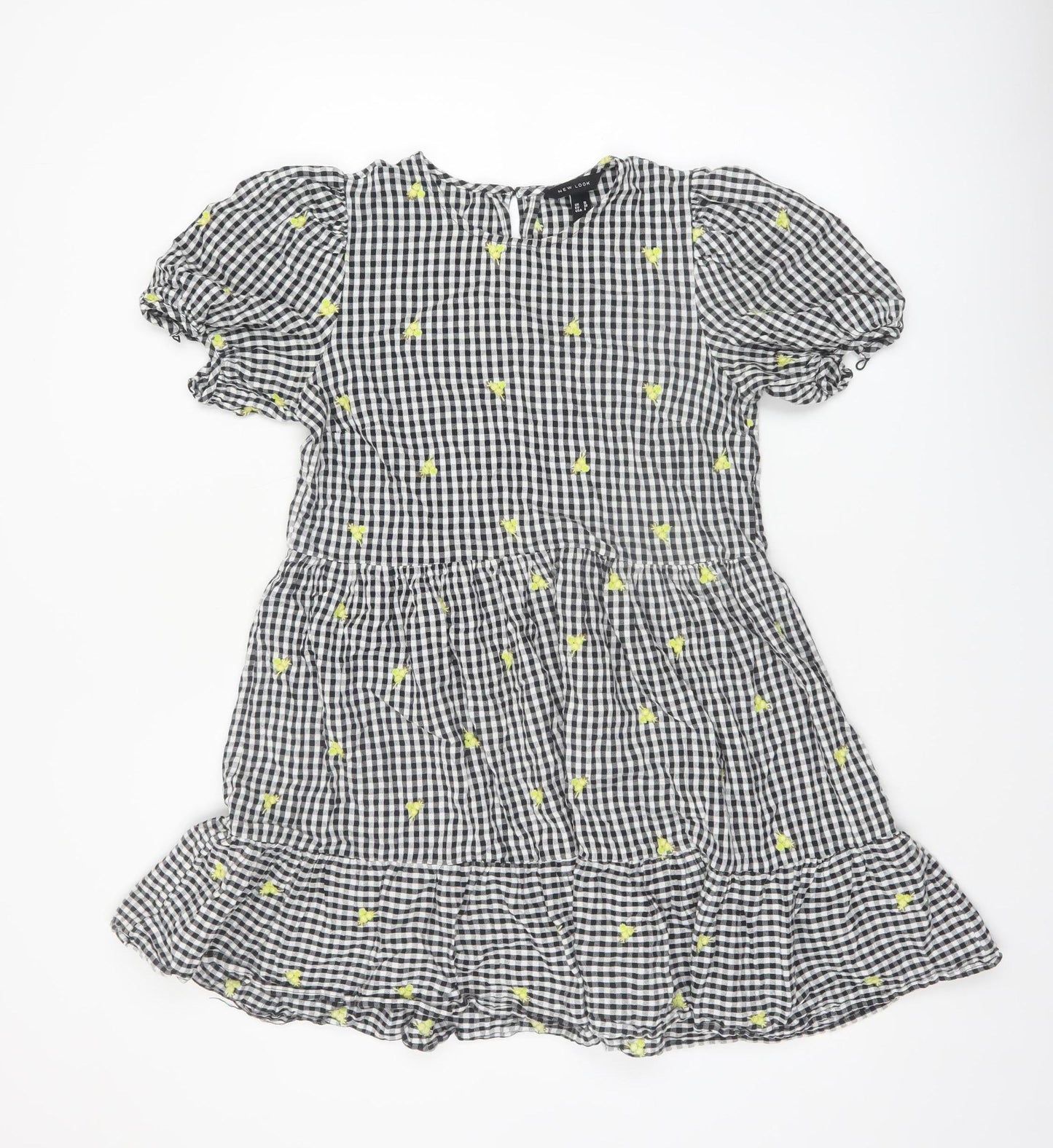 New Look Women's Black Gingham Embroidered Puff Sleeve A-Line Dress Size 10
