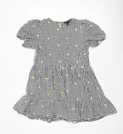 New Look Women's Black Gingham Embroidered Puff Sleeve A-Line Dress Size 10