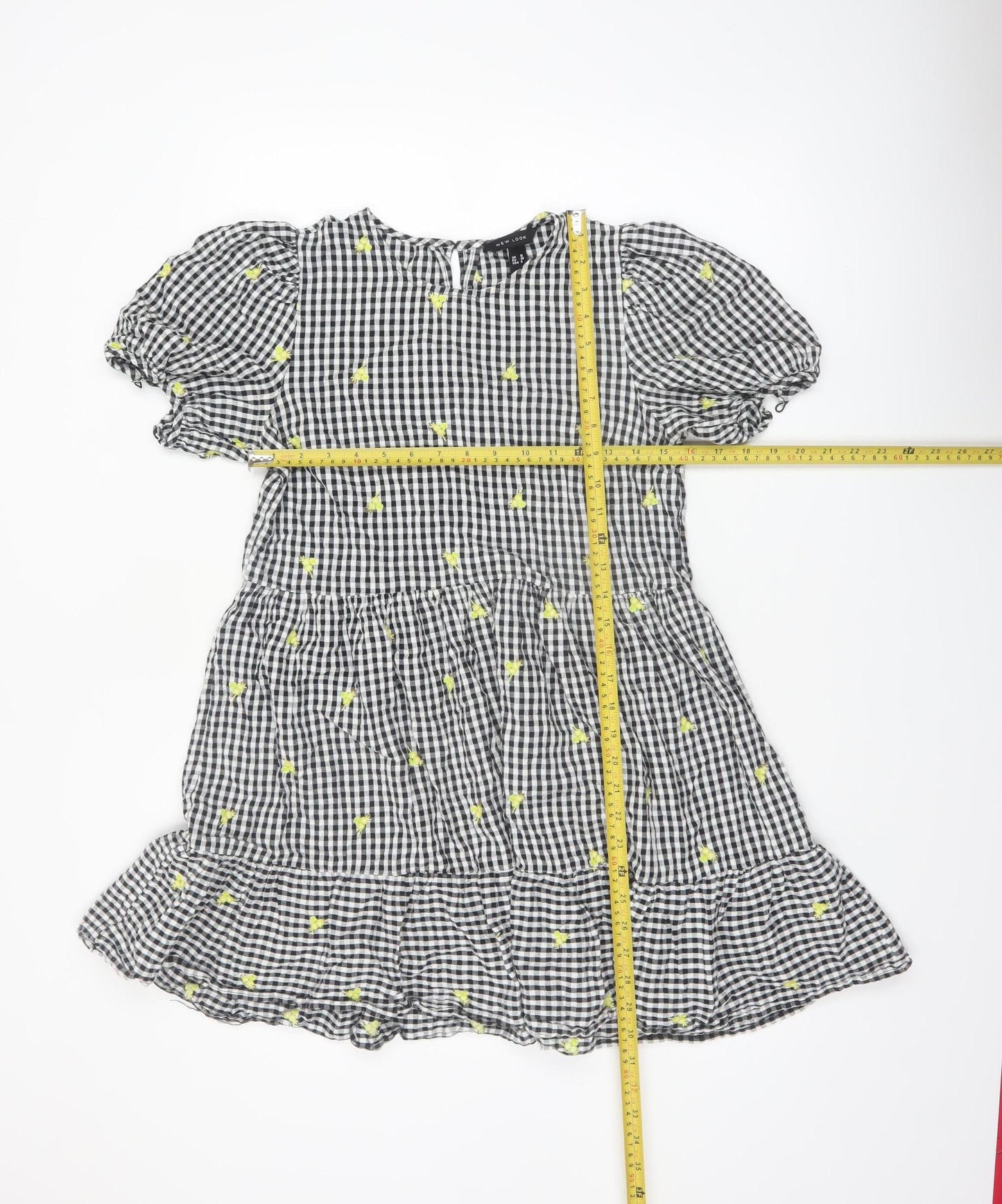 New Look Women's Black Gingham Embroidered Puff Sleeve A-Line Dress Size 10