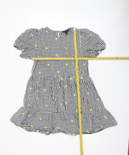 New Look Women's Black Gingham Embroidered Puff Sleeve A-Line Dress Size 10