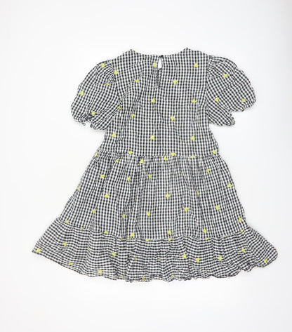 New Look Women's Black Gingham Embroidered Puff Sleeve A-Line Dress Size 10
