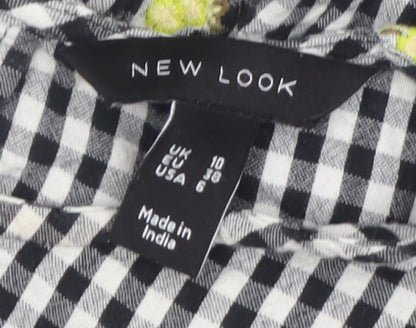 New Look Women's Black Gingham Embroidered Puff Sleeve A-Line Dress Size 10