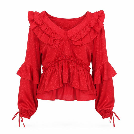 Boohoo Women’s Red Ruffle V-Neck Blouse Size 10 Long Sleeve