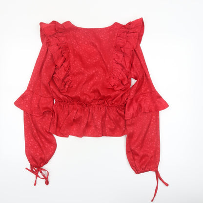 Boohoo Women’s Red Ruffle V-Neck Blouse Size 10 Long Sleeve