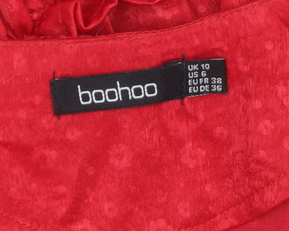 Boohoo Women’s Red Ruffle V-Neck Blouse Size 10 Long Sleeve