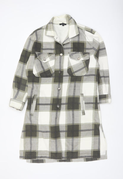 Rising Womens Green Checked Long Shacket Jacket Size M Cotton Blend