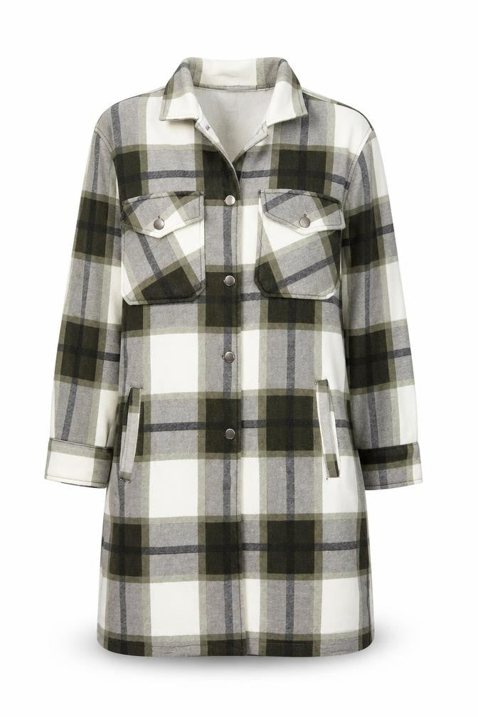 Rising Womens Green Checked Long Shacket Jacket Size M Cotton Blend