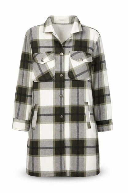 Rising Womens Green Checked Long Shacket Jacket Size M Cotton Blend