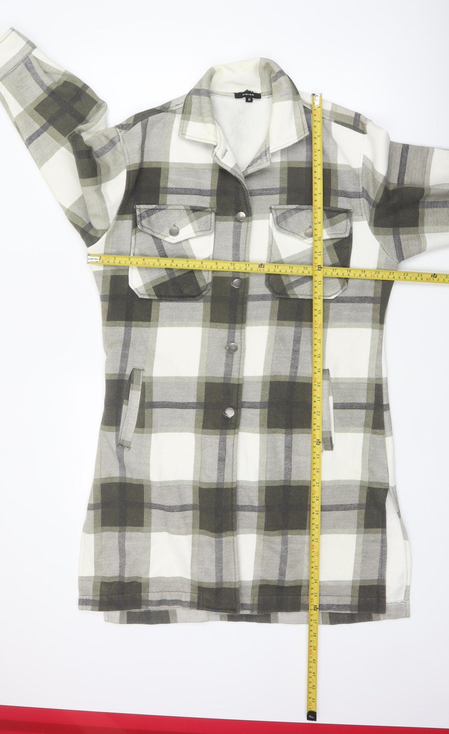 Rising Womens Green Checked Long Shacket Jacket Size M Cotton Blend