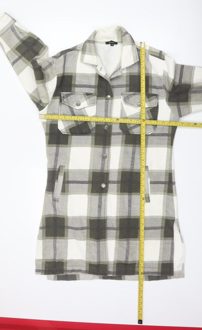 Rising Womens Green Checked Long Shacket Jacket Size M Cotton Blend