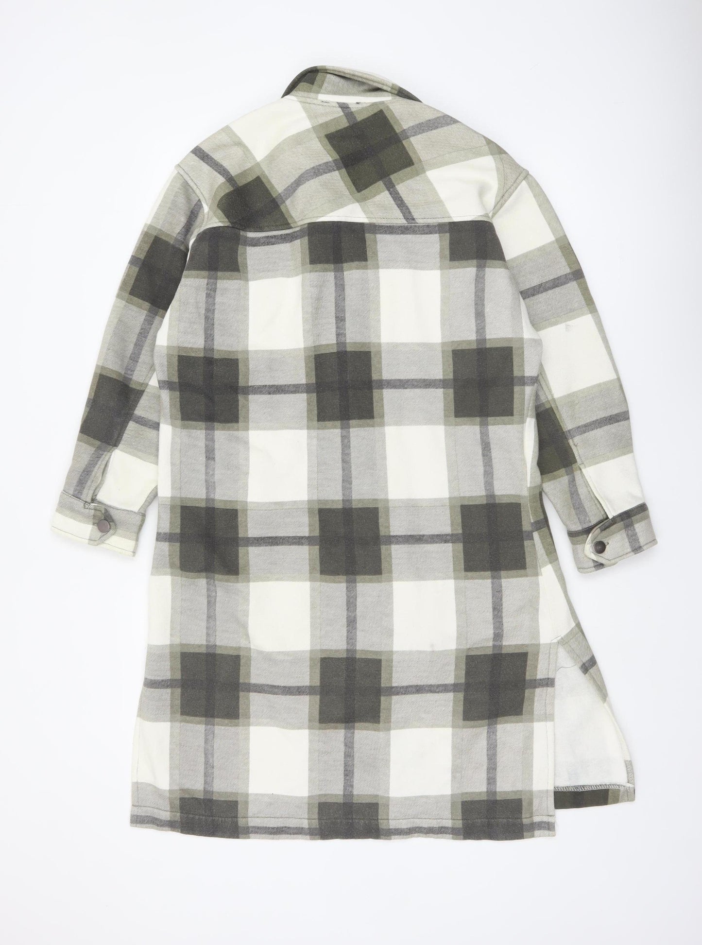 Rising Womens Green Checked Long Shacket Jacket Size M Cotton Blend