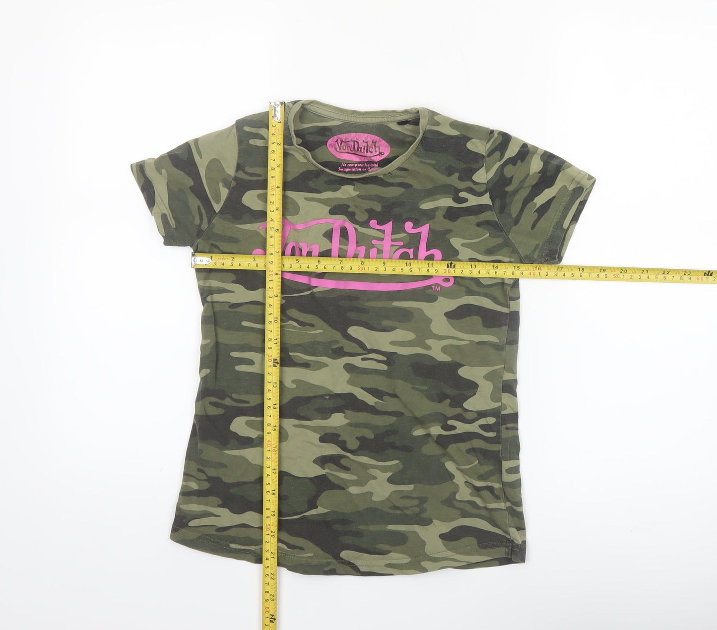 Von Dutch Women's Green Camouflage T-Shirt Size 10 Slim Fit