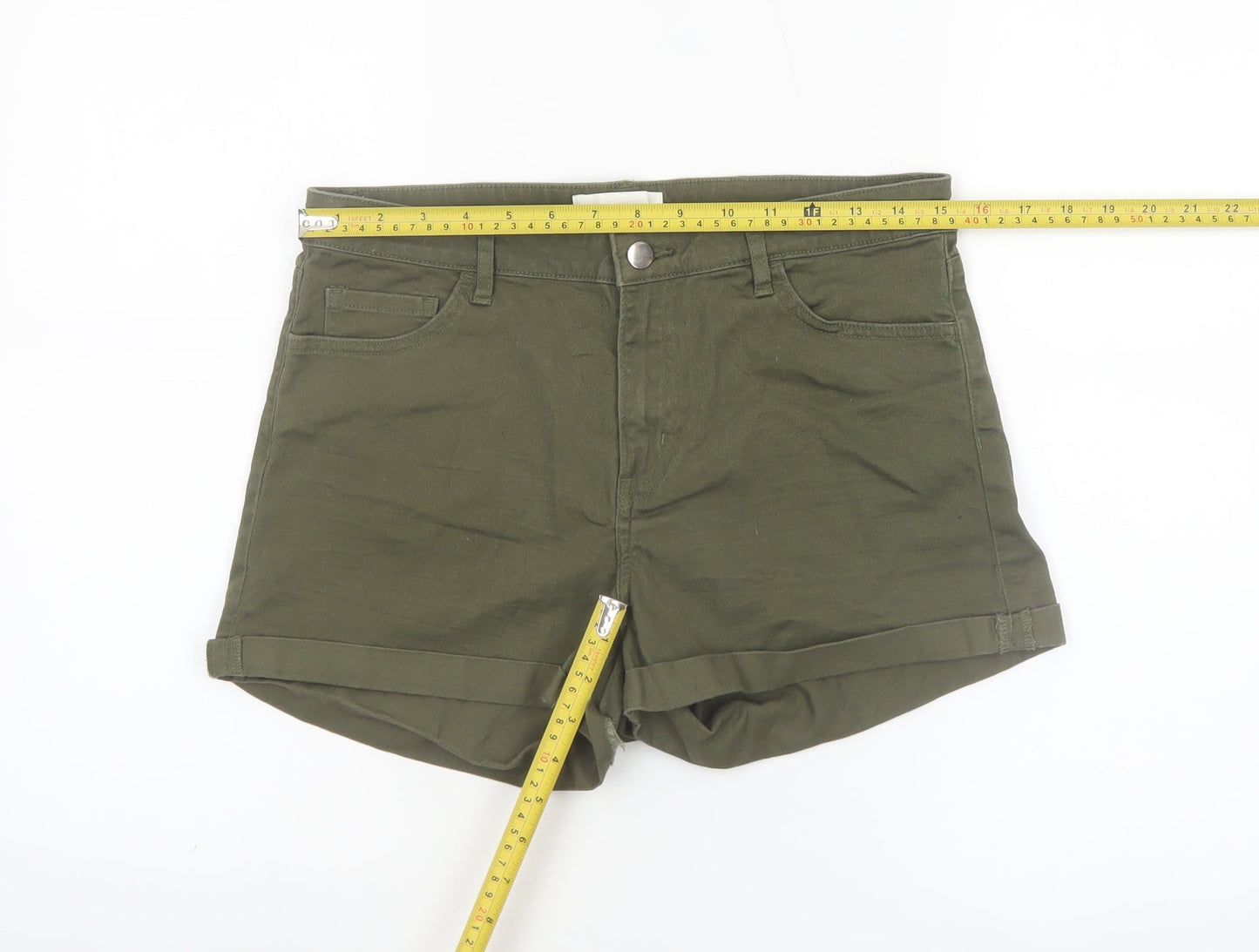 H&M Womens Green Chino Shorts Size 12 Cotton Blend High Rise Casual