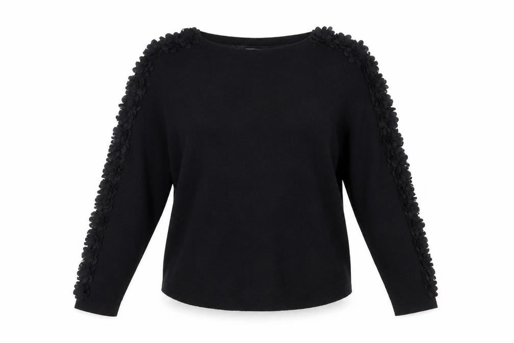 Sioni Milano Women's Black M Pullover Jumper with 3D Flower Sleeves