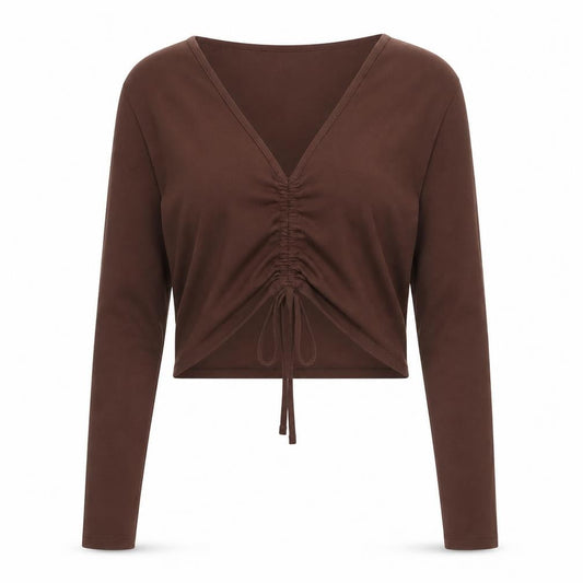 ASOS DESIGN Women’s Brown Cropped Long Sleeve V-Neck Top Size 14