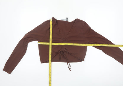 ASOS DESIGN Women’s Brown Cropped Long Sleeve V-Neck Top Size 14
