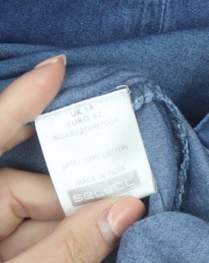 Select Women Blue Denim Button-Up Shirt UK 14 Long Sleeve Cotton