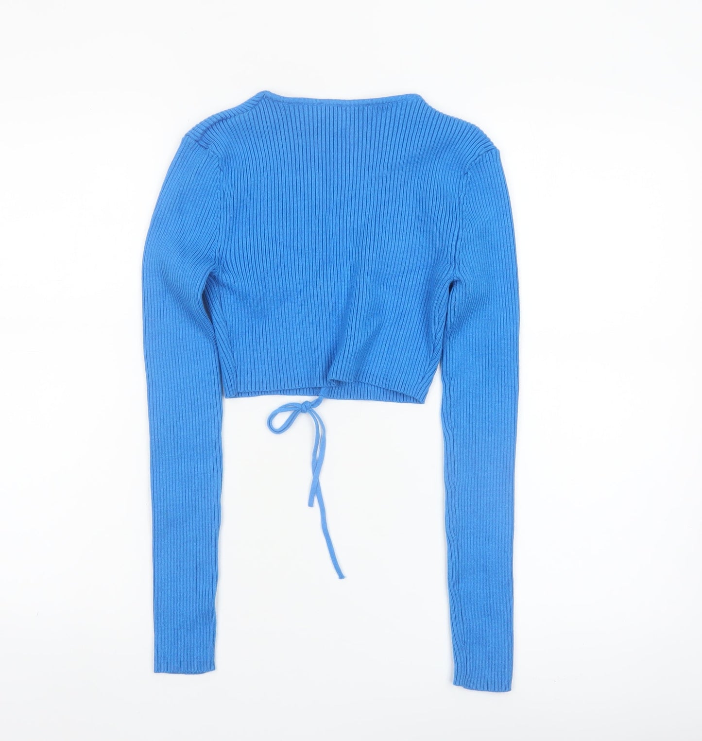 ZARA Women’s Blue V-Neck Long Sleeve Ribbed Tie Cardigan Size 8