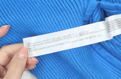 ZARA Women’s Blue V-Neck Long Sleeve Ribbed Tie Cardigan Size 8