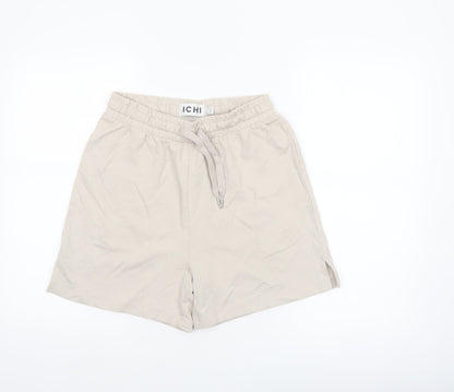 ICHI Women's Beige Cotton Blend Casual Drawstring Shorts Size S