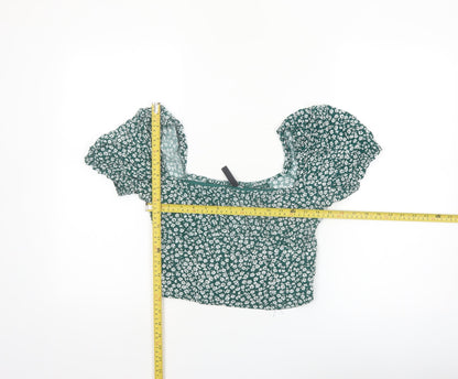 H&M Women Green Floral Cropped Puff Sleeve Blouse UK 10