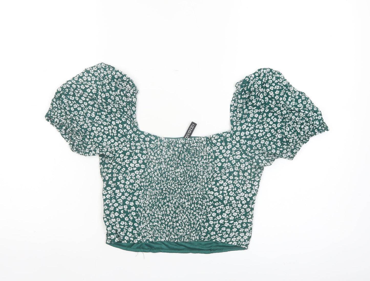 H&M Women Green Floral Cropped Puff Sleeve Blouse UK 10