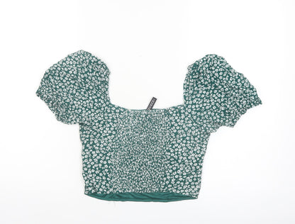 H&M Women Green Floral Cropped Puff Sleeve Blouse UK 10