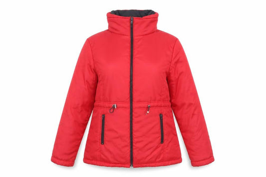 Front view of Anne De Lancay women’s red puffer jacket, size S, full zip winter coat