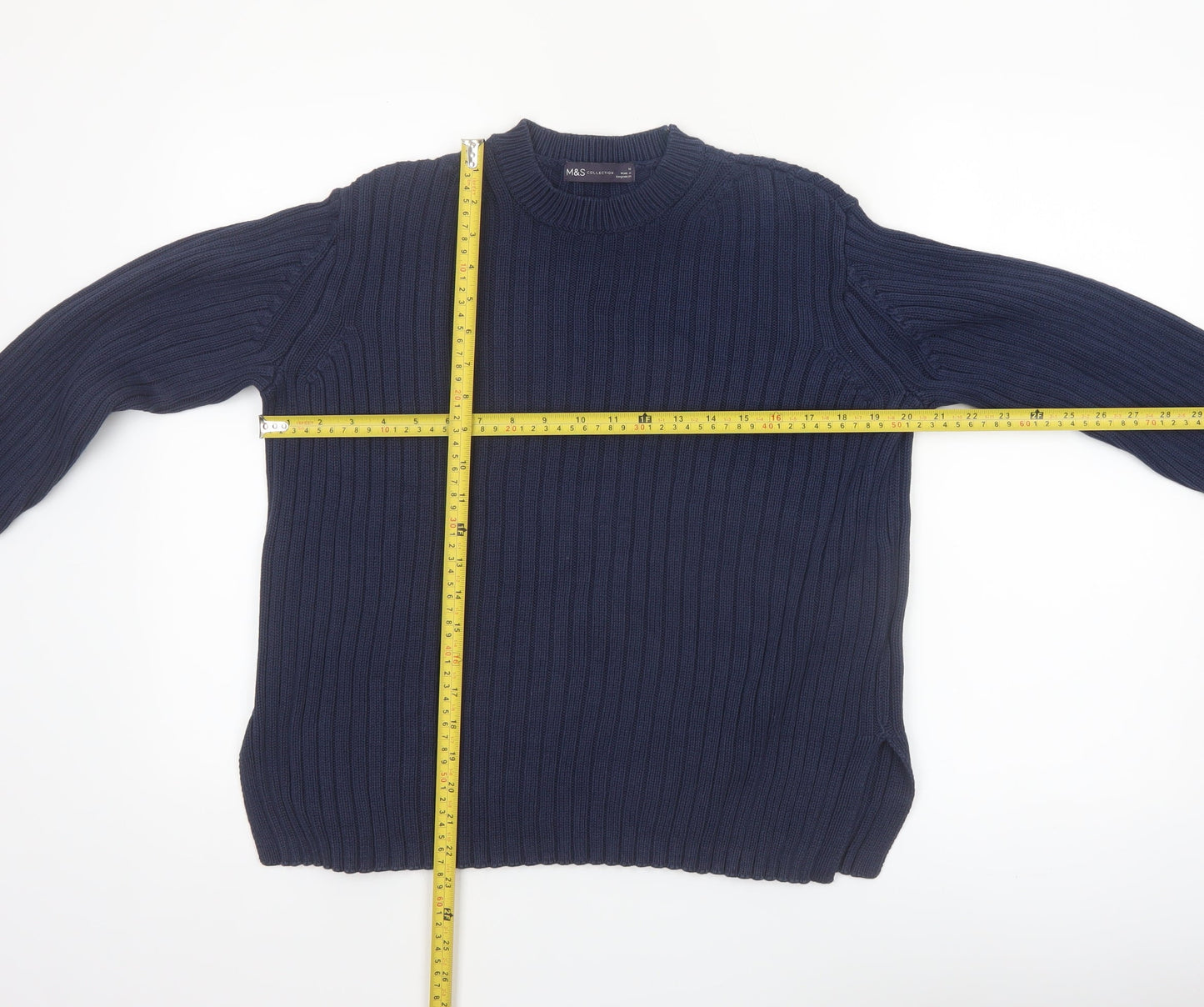 Marks and Spencer Women's Blue Cotton Ribbed Crew Neck Jumper Size 10