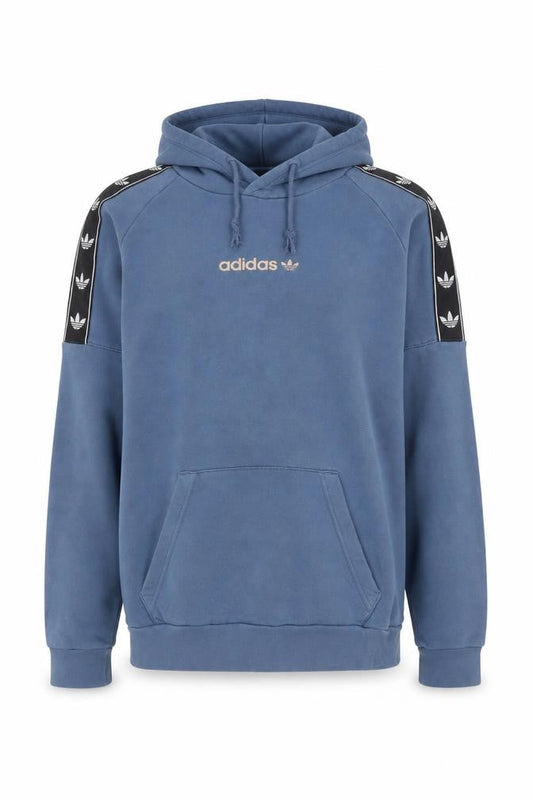 Front view of adidas Men's Blue Pullover Hoodie, size M, Logo Fleece Sweatshirt