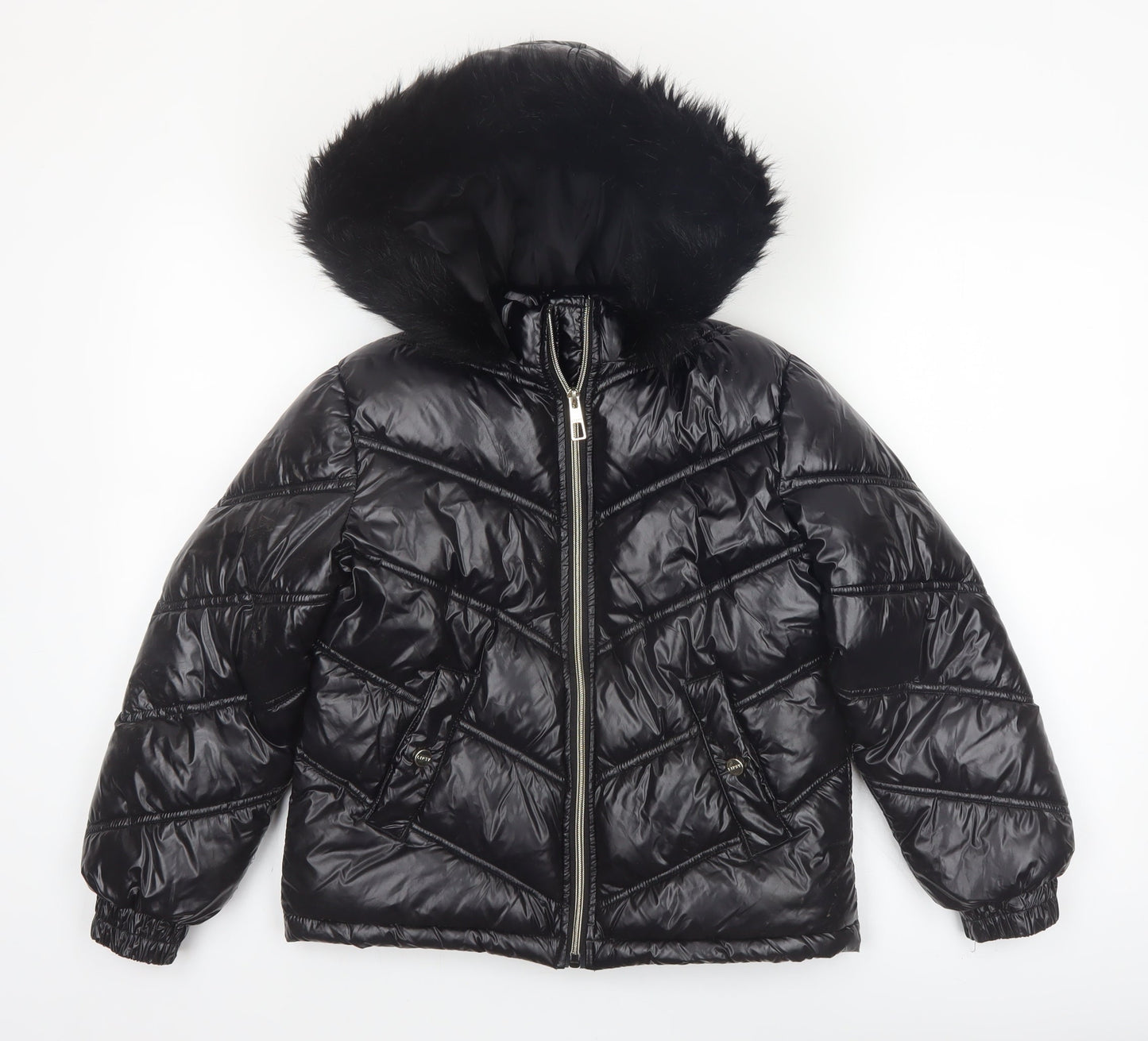 Lipsy London Boys Black Hooded Puffer Jacket 10 Years Faux Fur Trim Winter Coat