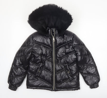 Lipsy London Boys Black Hooded Puffer Jacket 10 Years Faux Fur Trim Winter Coat