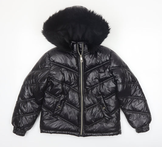 Lipsy London Boys Black Hooded Puffer Jacket 10 Years Faux Fur Trim Winter Coat