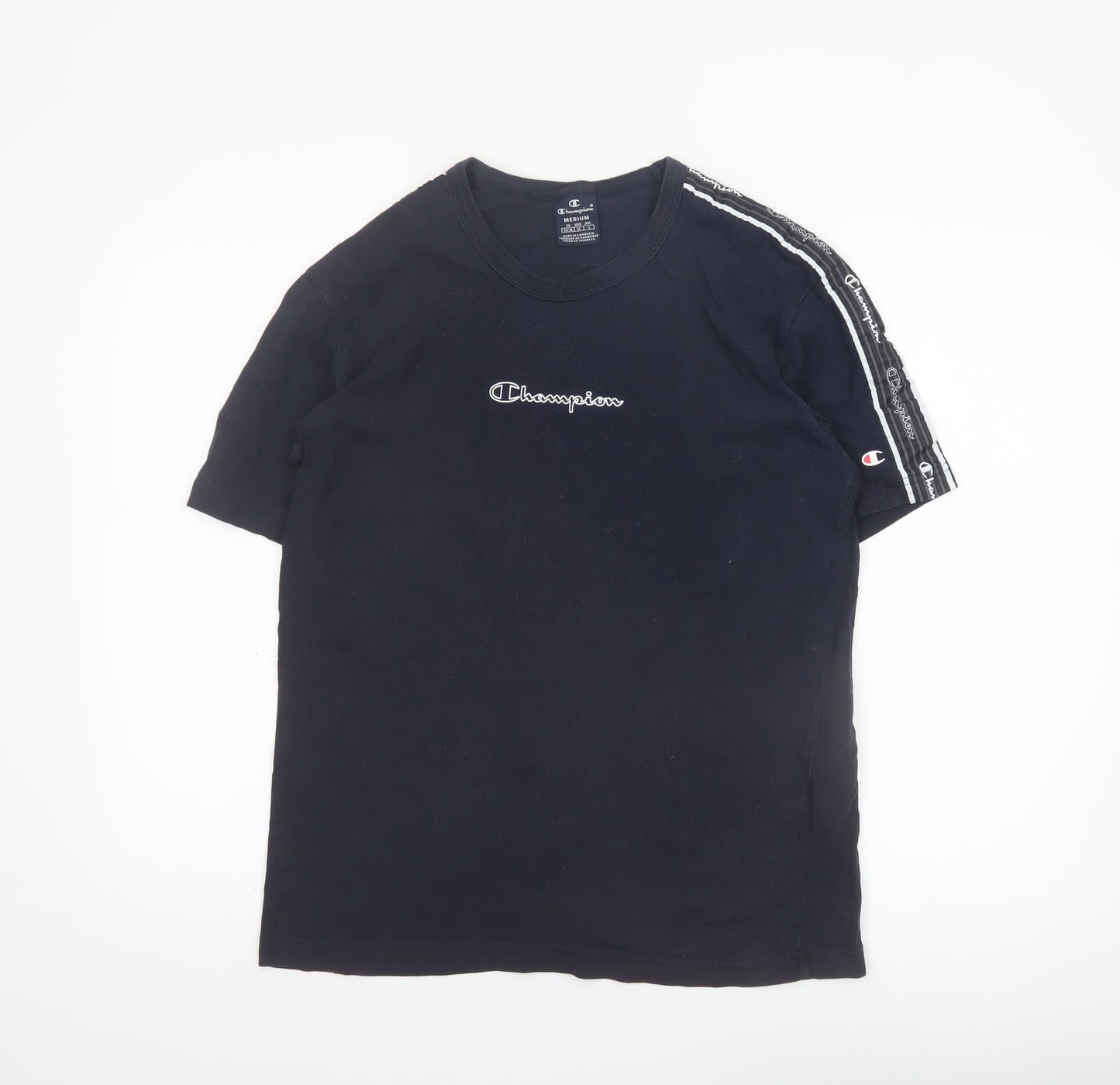 Champion Men's Black Medium Crew Neck Cotton T-Shirt with Logo Tape Trim