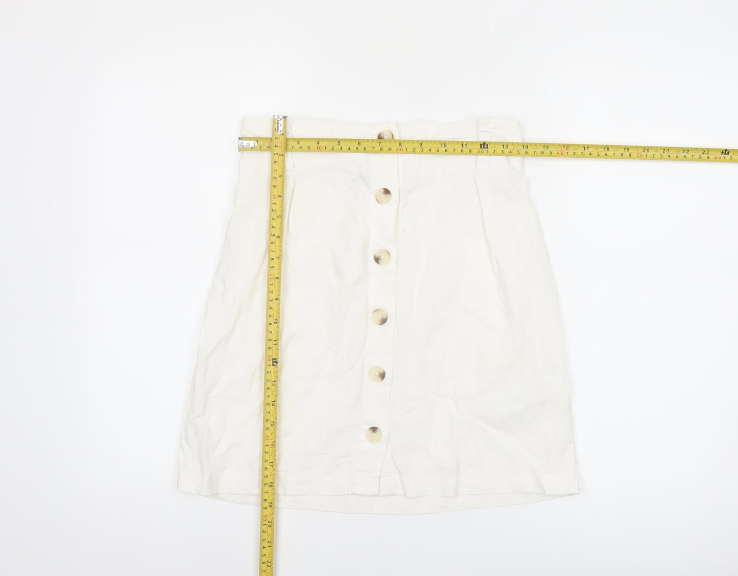 New Look Women's White Linen Blend A-Line Button Front Skirt Size 10